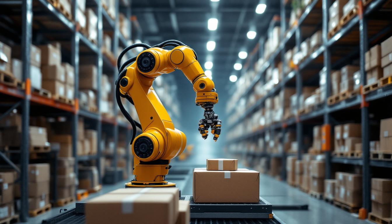 A photograph of a sleek industrial robotic arm in action within a modern logistics warehouse