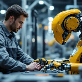 A photograph of a skilled technician working alongside a sophisticated industrial robot in a modern manufacturing environment
