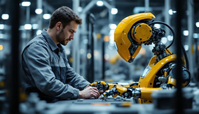 A photograph of a skilled technician working alongside a sophisticated industrial robot in a modern manufacturing environment