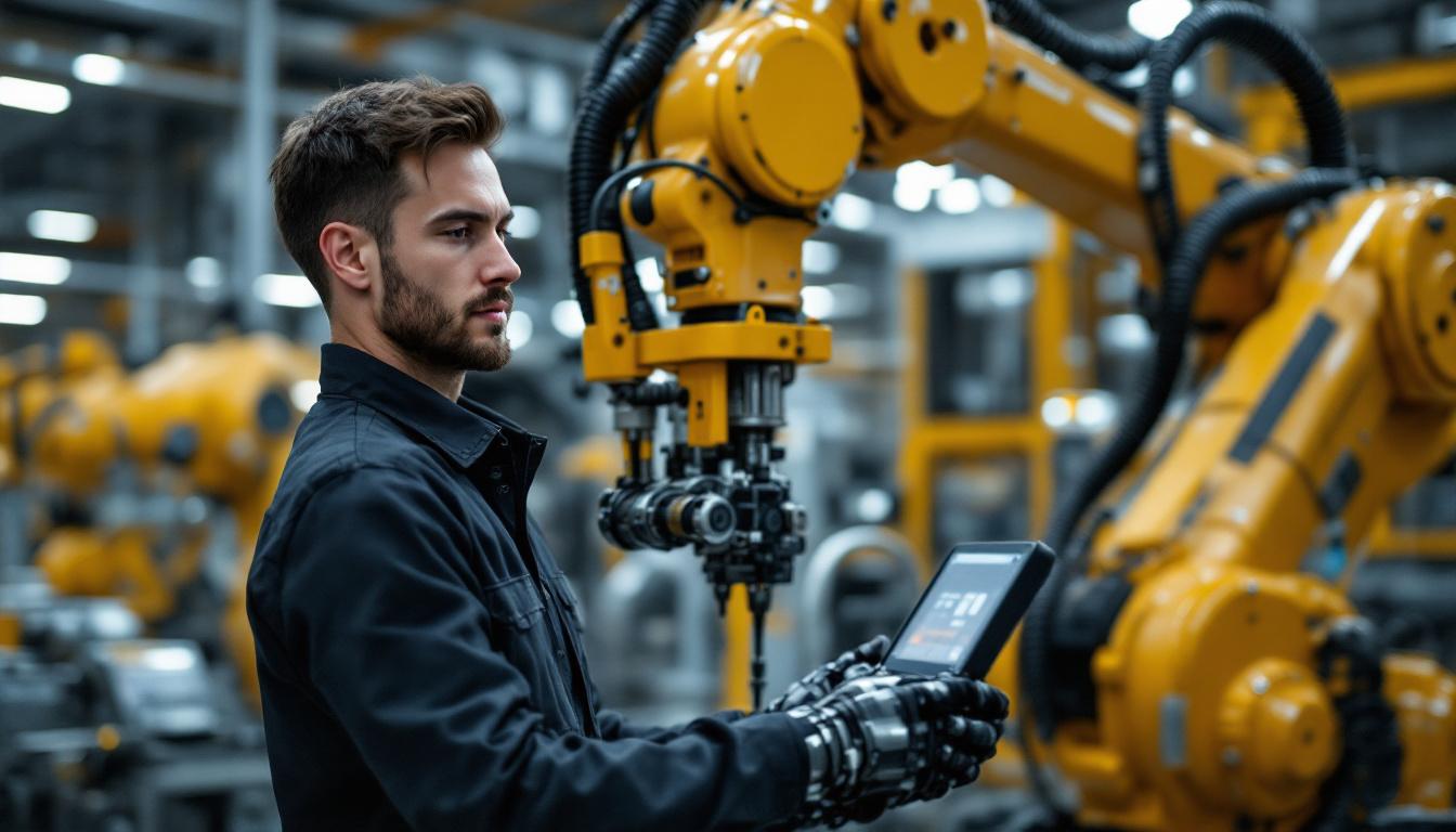 A photograph of a skilled technician programming an industrial robotic arm in a modern manufacturing setting