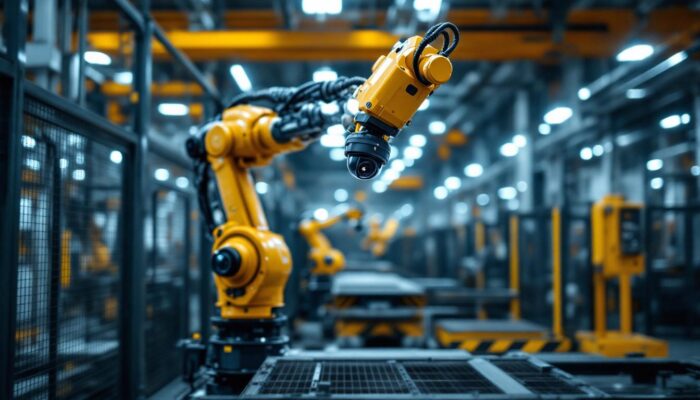 A photograph of capture a photograph of an industrial robotic arm equipped with a video surveillance camera actively monitoring a factory floor
