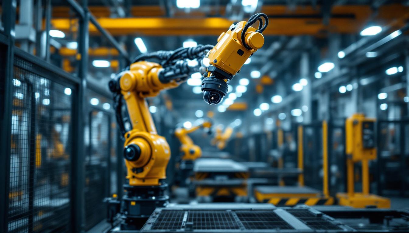 A photograph of capture a photograph of an industrial robotic arm equipped with a video surveillance camera actively monitoring a factory floor