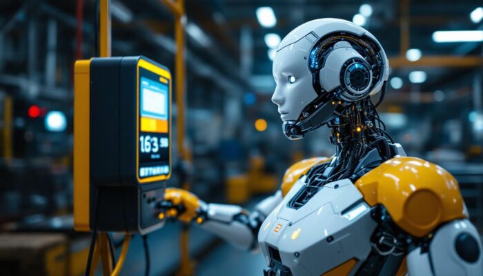 A photograph of a modern industrial robot in action