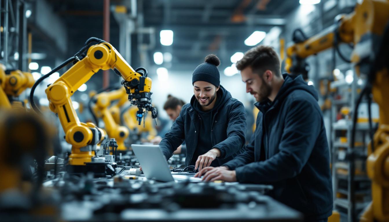 A photograph of a dynamic industrial robotics workspace