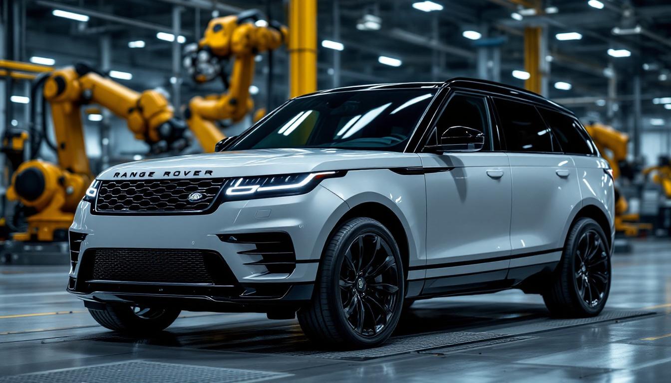 A photograph of a sleek range rover parked in an industrial setting