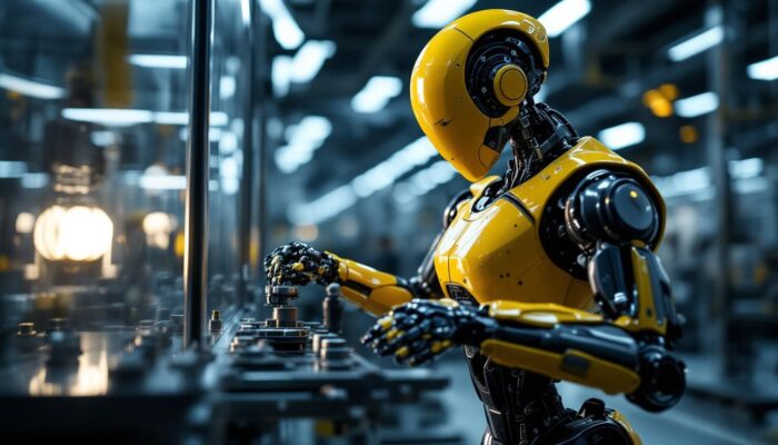A photograph of a sleek industrial robot in action within a modern manufacturing environment