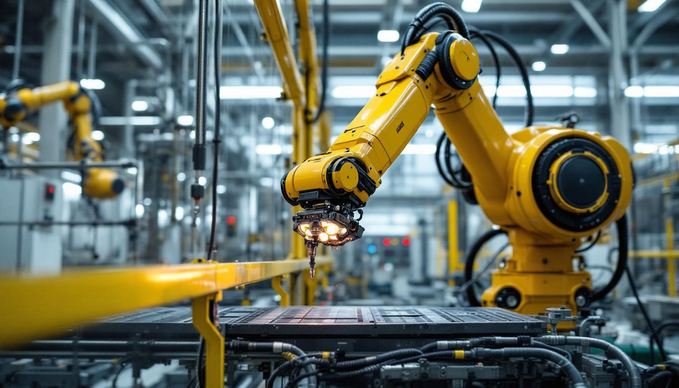 A photograph of capture a photograph of an industrial robotic arm working in a modern nuclear facility