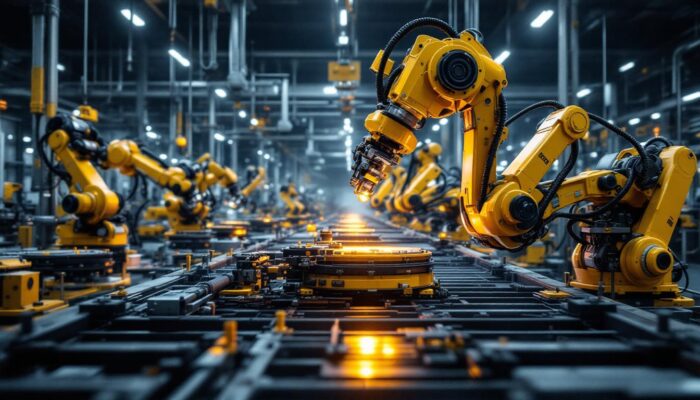 A photograph of a dynamic industrial setting featuring a variety of general dynamics robotic systems in action