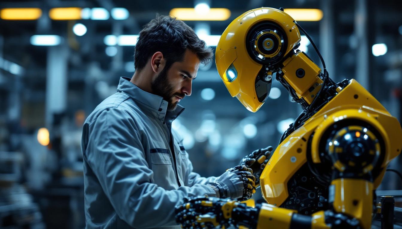 A photograph of a skilled technician interacting with a sleek industrial robot in a modern manufacturing environment