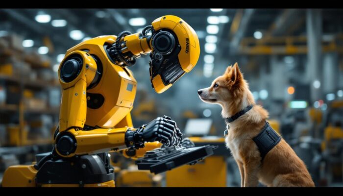 A photograph of a skilled industrial robot performing a precise task in a factory setting