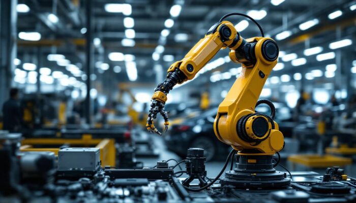 A photograph of a sleek industrial robotic arm in action