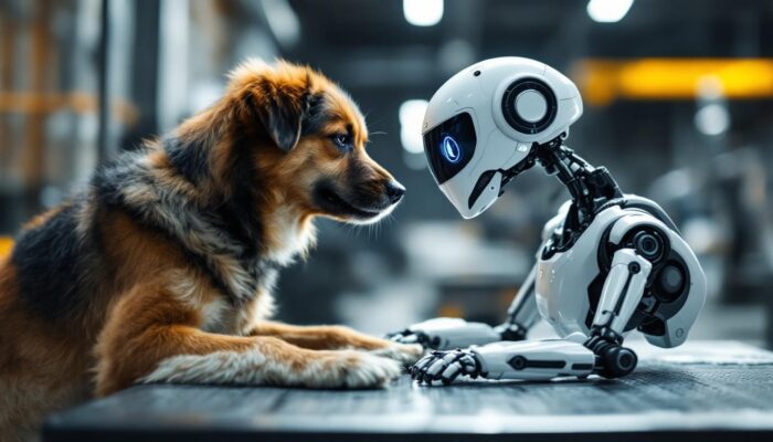 A photograph of a friendly dog interacting playfully with a sleek industrial robot in a modern workshop setting