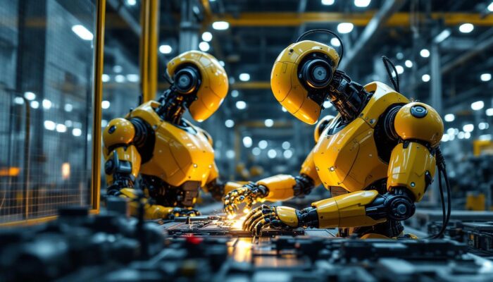 A photograph of capture a photograph of a sleek industrial robot in action within a modern manufacturing environment