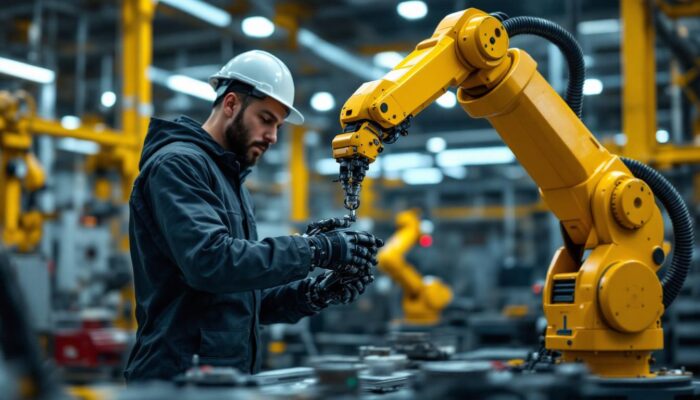 A photograph of a skilled machinist operating an industrial robotic arm in a modern manufacturing setting