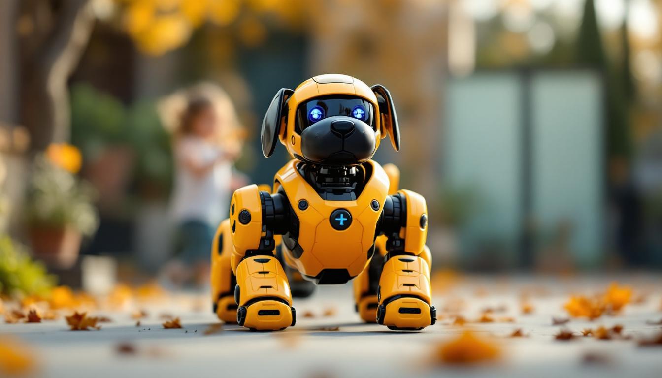 A photograph of a playful remote control toy dog in action