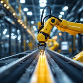 A photograph of a sleek industrial robotic arm in action