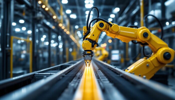 A photograph of a sleek industrial robotic arm in action
