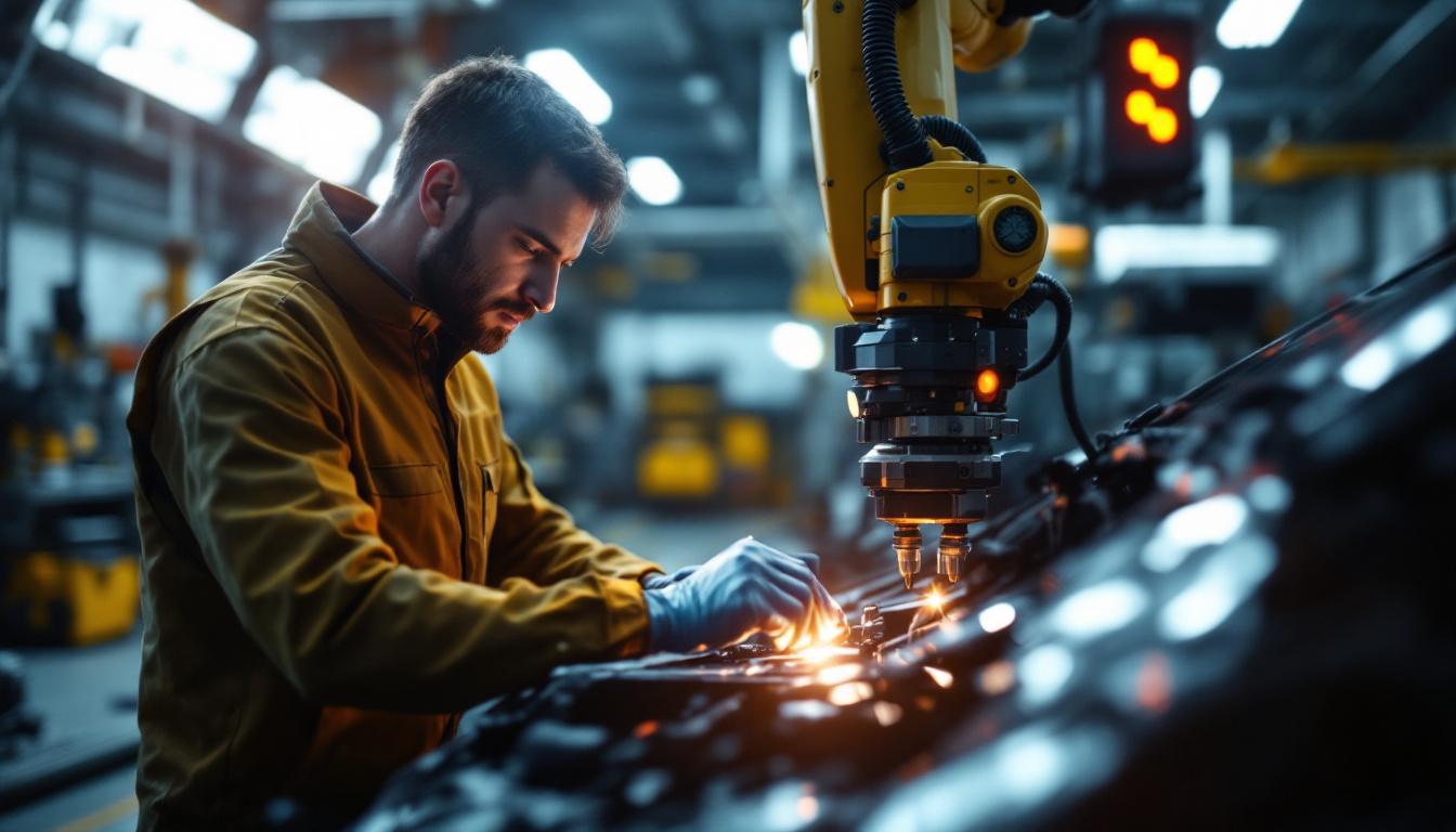 A photograph of a skilled technician performing a car inspection using advanced industrial robotic equipment in a well-lit automotive workshop