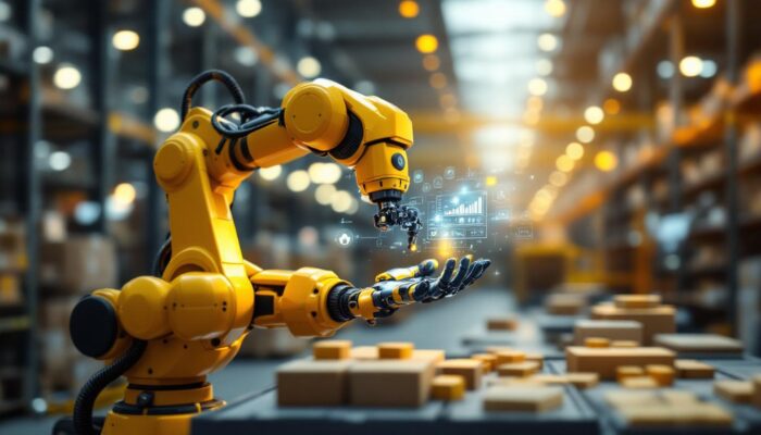 A photograph of a sleek industrial robotic arm in action