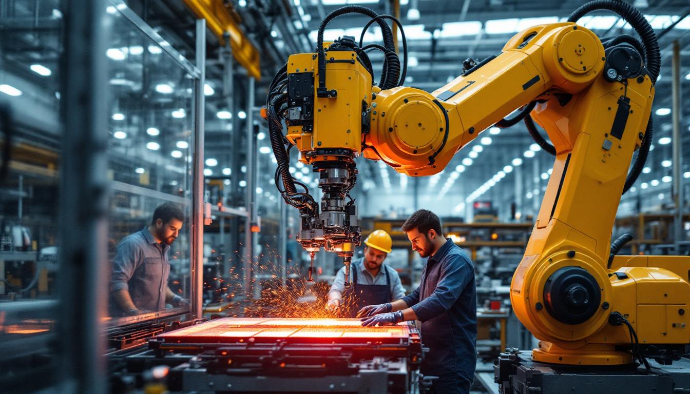 A photograph of capture a photograph of a state-of-the-art industrial robot in action at a general dynamics facility in florida