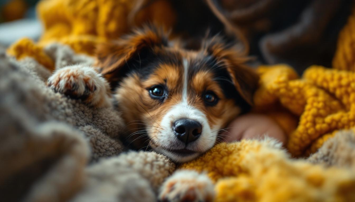 A photograph of a playful dog stretching on a person's lap
