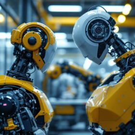 A photograph of a modern industrial robot in action within a manufacturing environment