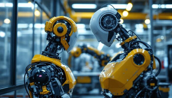 A photograph of a modern industrial robot in action within a manufacturing environment
