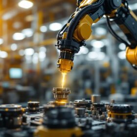 A photograph of a sleek industrial robotic arm in action