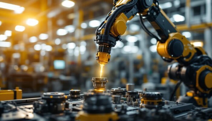 A photograph of a sleek industrial robotic arm in action