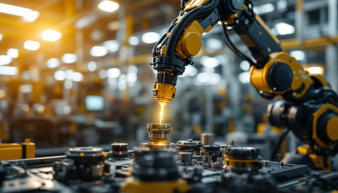 A photograph of a sleek industrial robotic arm in action