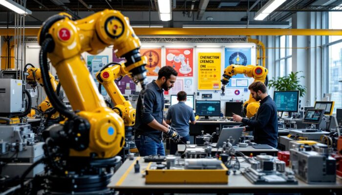 A photograph of a dynamic industrial robotics lab at boston university