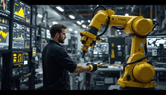 A photograph of capture a photograph of a skilled technician operating an industrial robotic arm in a high-tech remote sensing lab