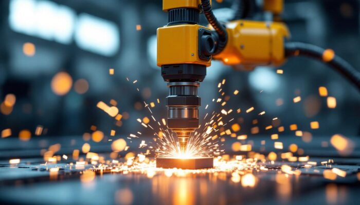 A photograph of a sleek industrial robot equipped with a laser cutting tool in action