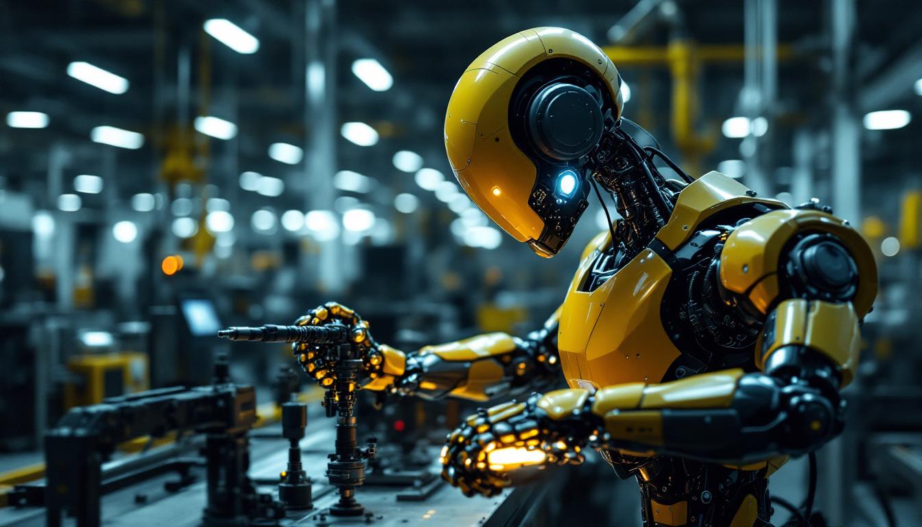 A photograph of a sleek industrial robot in action within a high-tech manufacturing environment