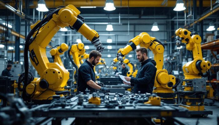 A photograph of a dynamic industrial robotics setup in a boston manufacturing facility