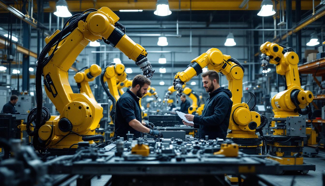 A photograph of a dynamic industrial robotics setup in a boston manufacturing facility