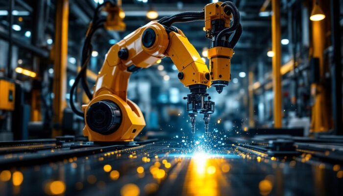 A photograph of a sleek industrial robotic arm in action within a modern manufacturing environment