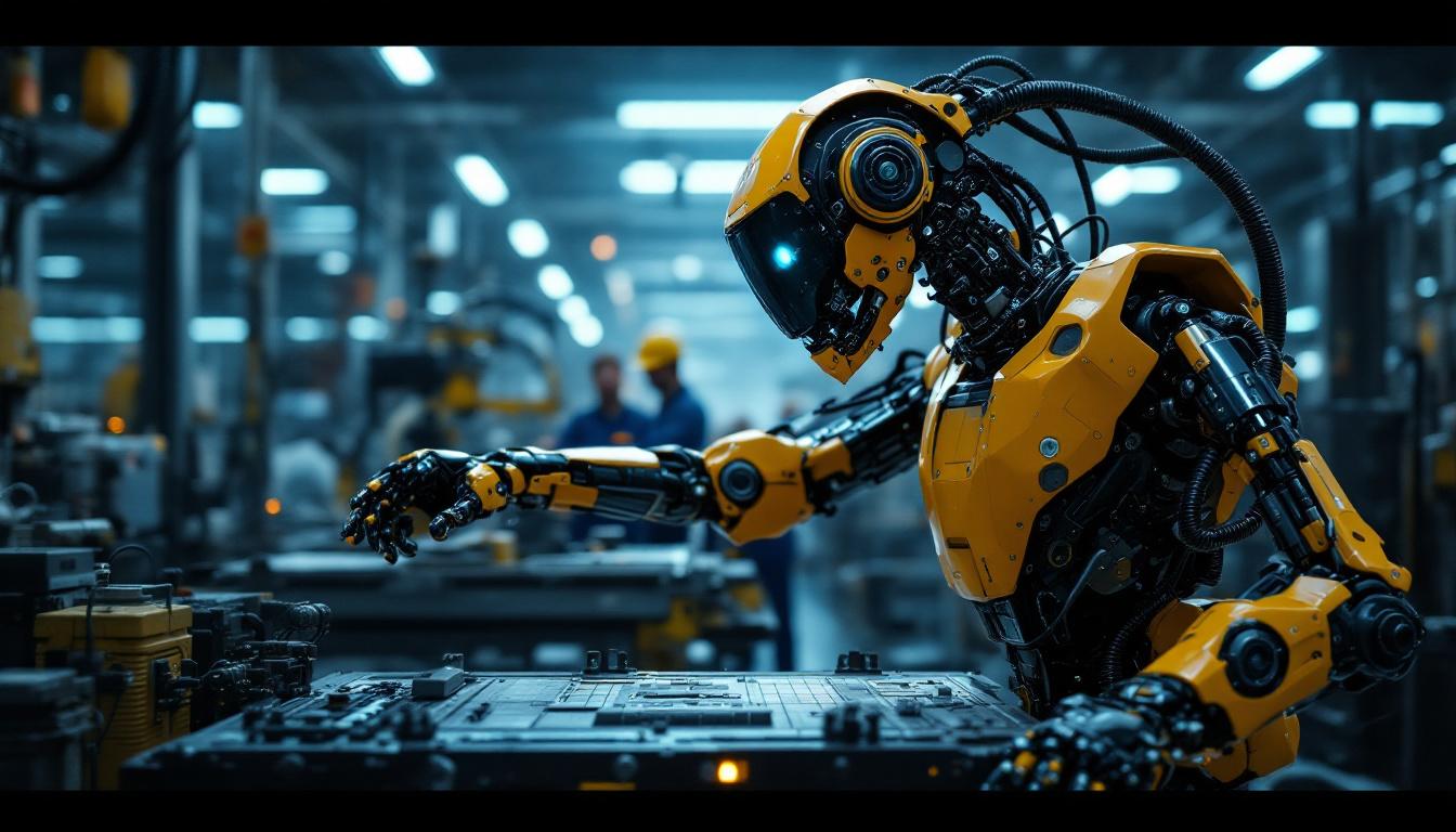 A photograph of a dynamic industrial robot in action within a manufacturing setting