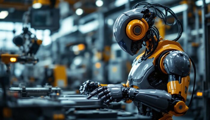 A photograph of a sleek industrial robot in action within a manufacturing environment