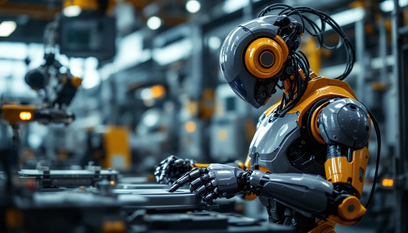 A photograph of a sleek industrial robot in action within a manufacturing environment