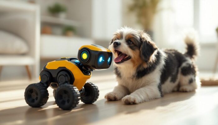 A photograph of a playful dog interacting with a high-tech robotic toy in a bright