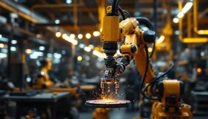 A photograph of a sleek industrial robotic arm in action within a bustling boston manufacturing facility