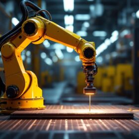 A photograph of a compact industrial robotic arm equipped with a small lidar sensor in an active manufacturing environment