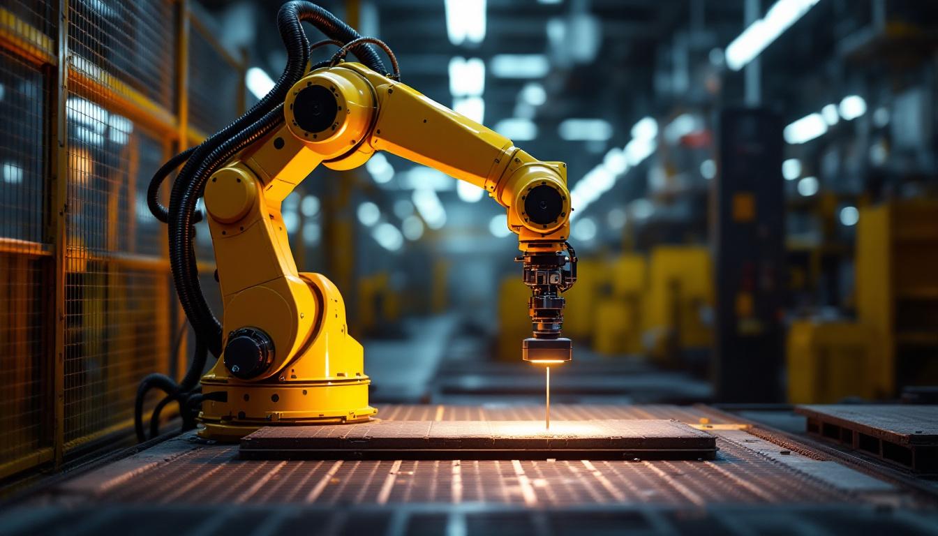 A photograph of a compact industrial robotic arm equipped with a small lidar sensor in an active manufacturing environment