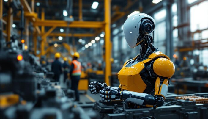 A photograph of a sleek industrial robot in action within a manufacturing environment