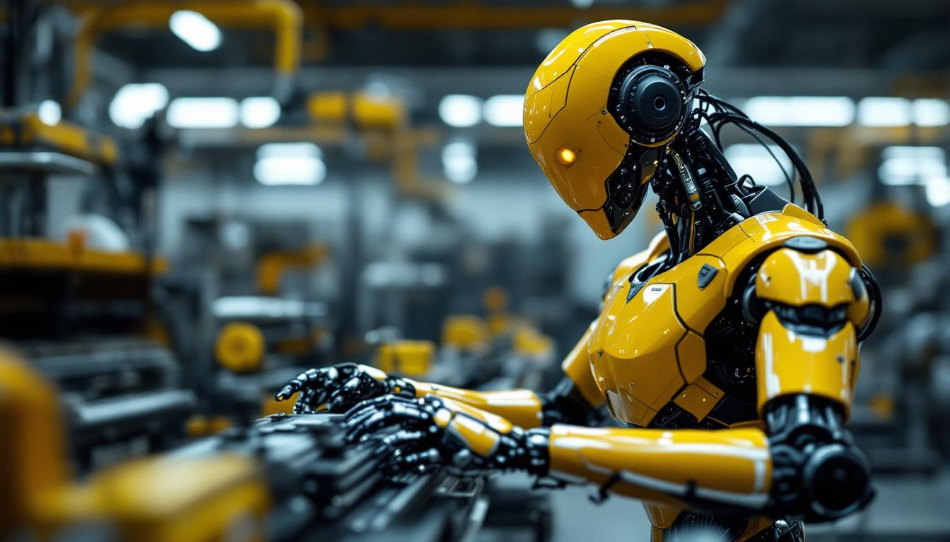 A photograph of a sleek industrial robot in action within a manufacturing environment