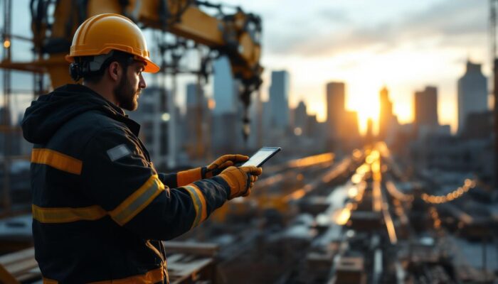 A photograph of a skilled worker operating an industrial robot on a construction site in boston