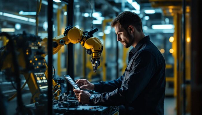 A photograph of a skilled technician programming or operating an industrial robot in a modern manufacturing setting