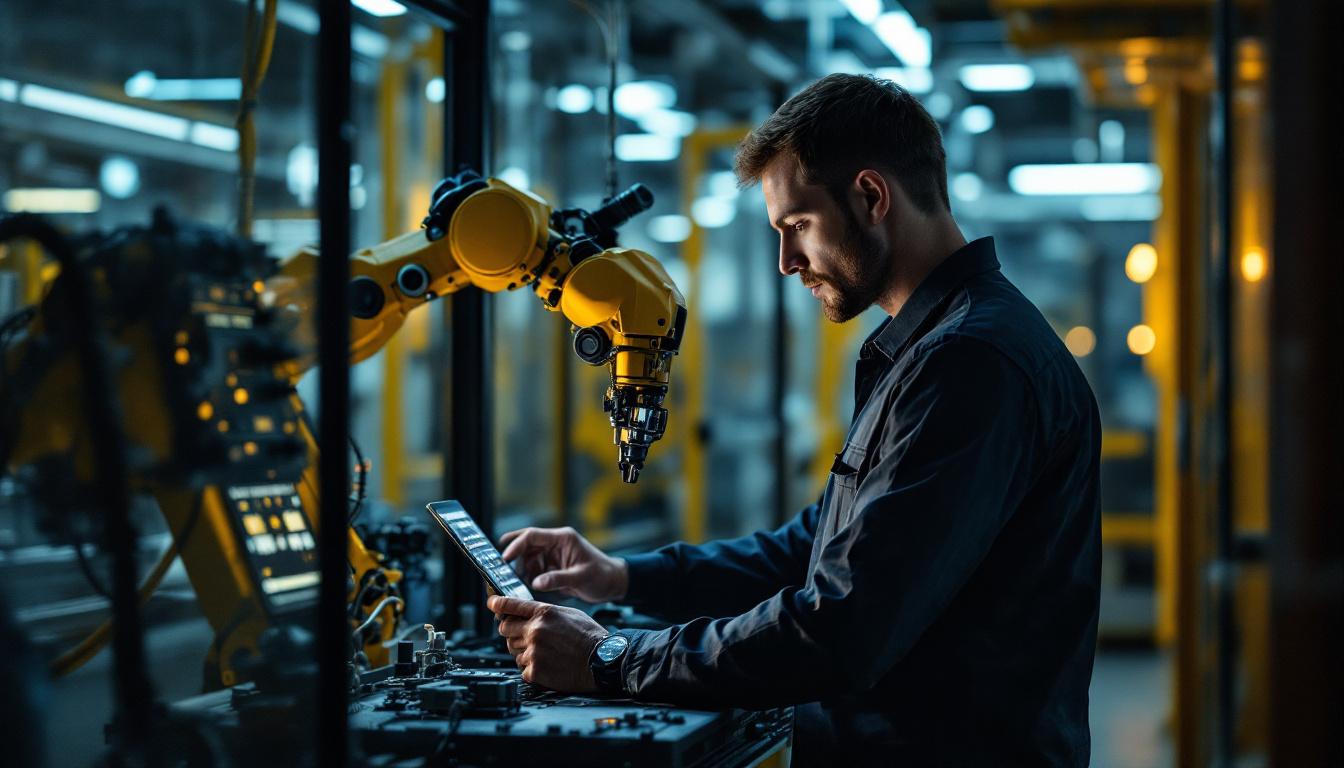 A photograph of a skilled technician programming or operating an industrial robot in a modern manufacturing setting