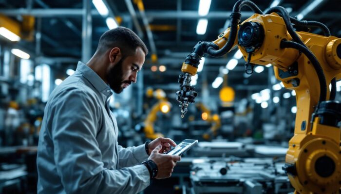 A photograph of a skilled technician programming or operating an industrial robotic arm in a modern manufacturing environment